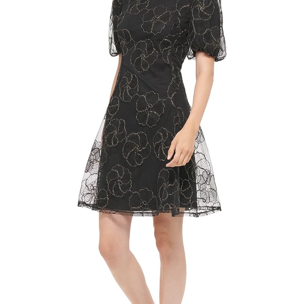 Dkny Black and Gold A-Line Midi Dress